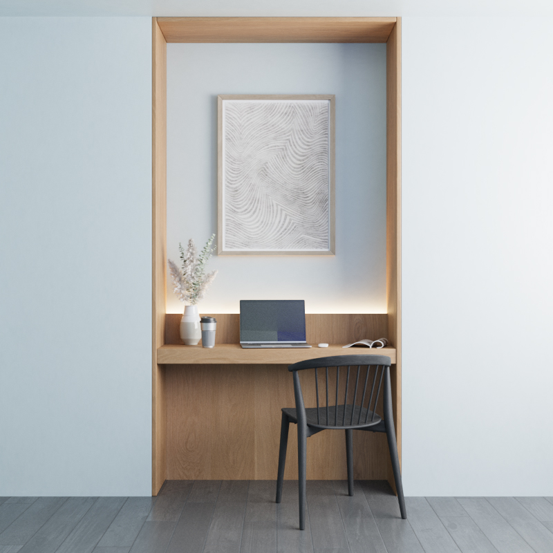 Rendering of an office niche with a built-in desk.