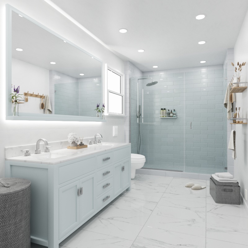 Rendering of a contemporary bathroom with a light blue vanity and wood accents.