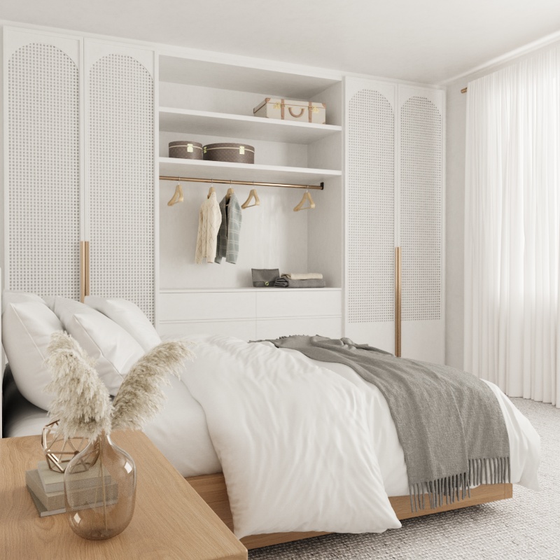 Rendering of a contemporary bedroom with built-in closets and a white and wood palette.