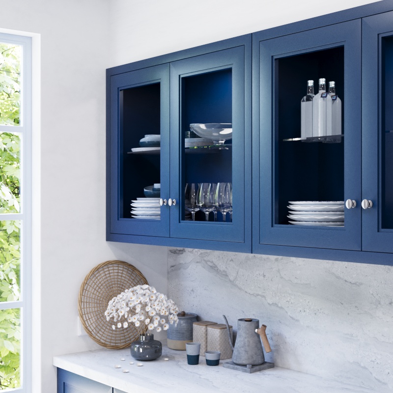 Rendering of a blue kitchen with glass-front cabinets.
