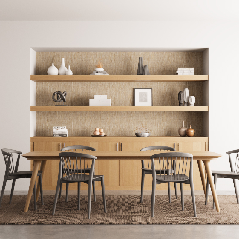 Rendering of a dining room with built-in cabinets and shelving.