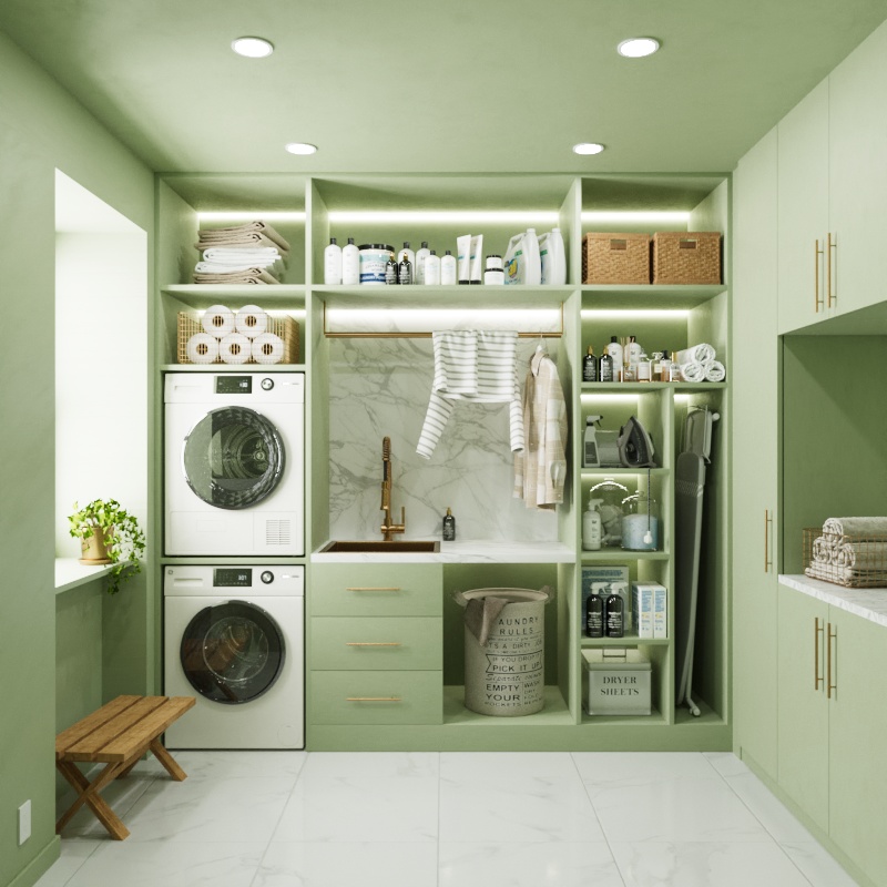 Rendering of a sage green laundry room with built-in shelving and cabinets.