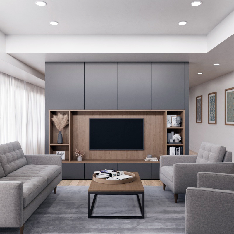 Rendering of a living room with a wall of shelving and cabinetry that surrounds the tv.