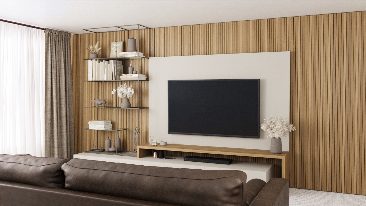 Rendering of a living room with a wood accent wall.