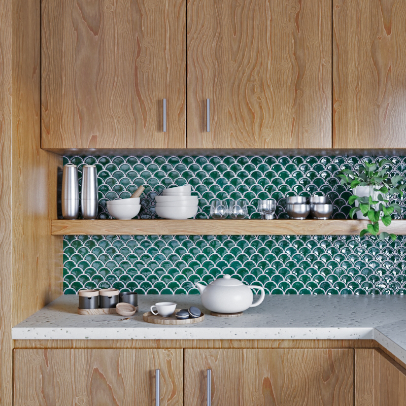 Rendering of a modern kitchen with Elm wood cabinets, quartz countertops, and green fish-scale tile backsplash.