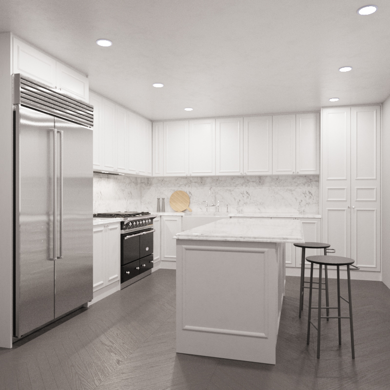 Rendering of a white kitchen with an island.