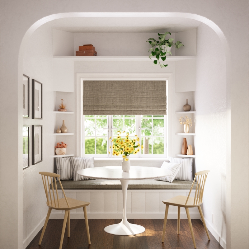 Rendering of a breakfast nook with an arched doorway.