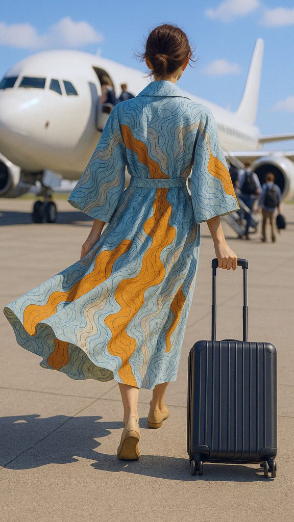Ad for travel company - woman walking towards plane with suitcase.