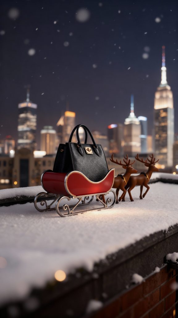 Ad for fashion company - handbag in sleigh for Christmas.
